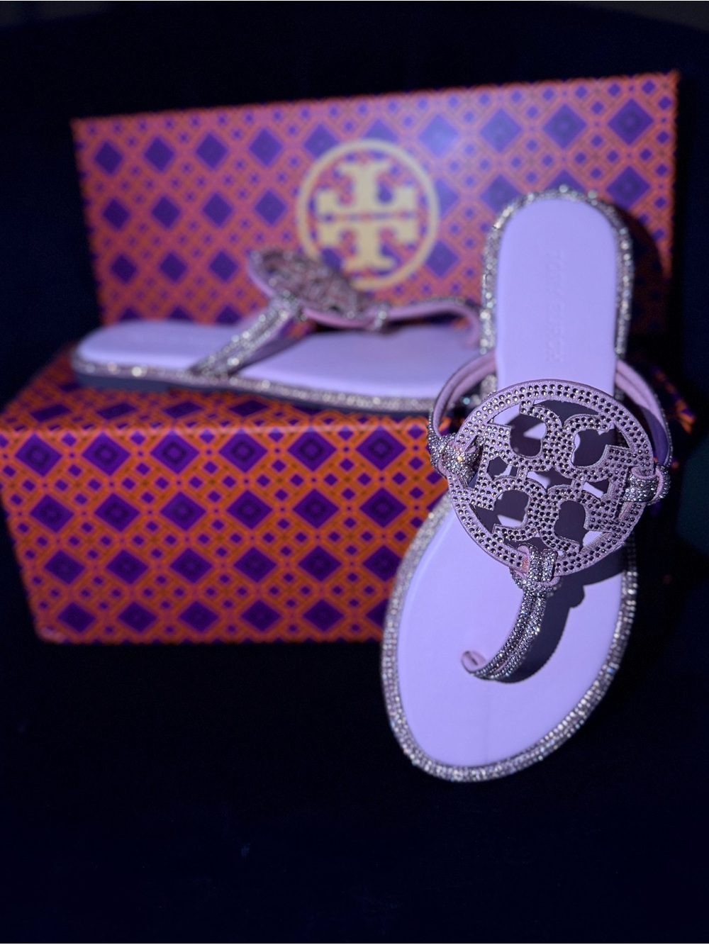 Tory Burch Lilac Crystal Logo Thong Sandals